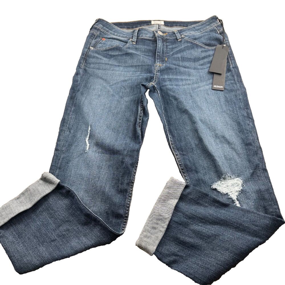 Hudson Bacara Crop Straight Cuffed Distressed Stretch Jeans Women's 31 Blue NEW